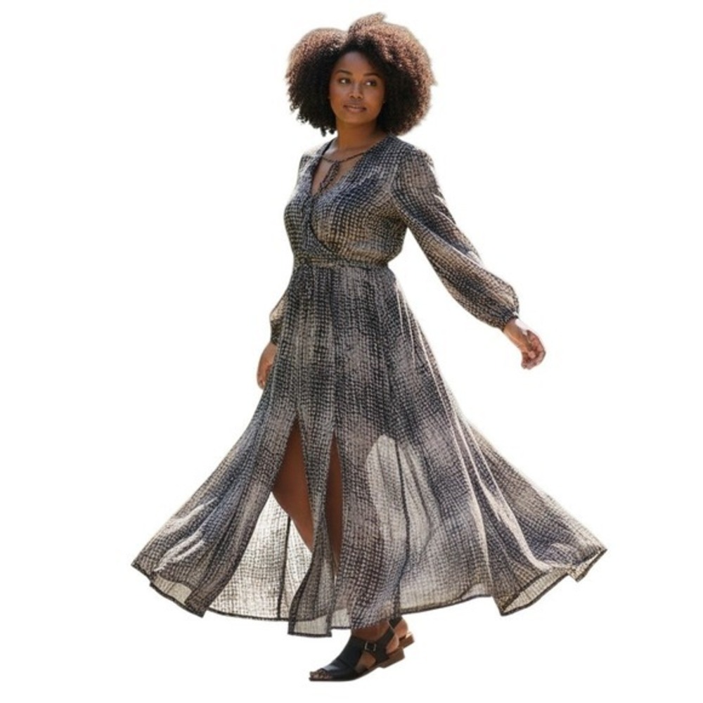 ELVI Womens Maxi Dress Sz 14 Black Brown Chiffon Leg Slits Tie Waist V Neck Boho